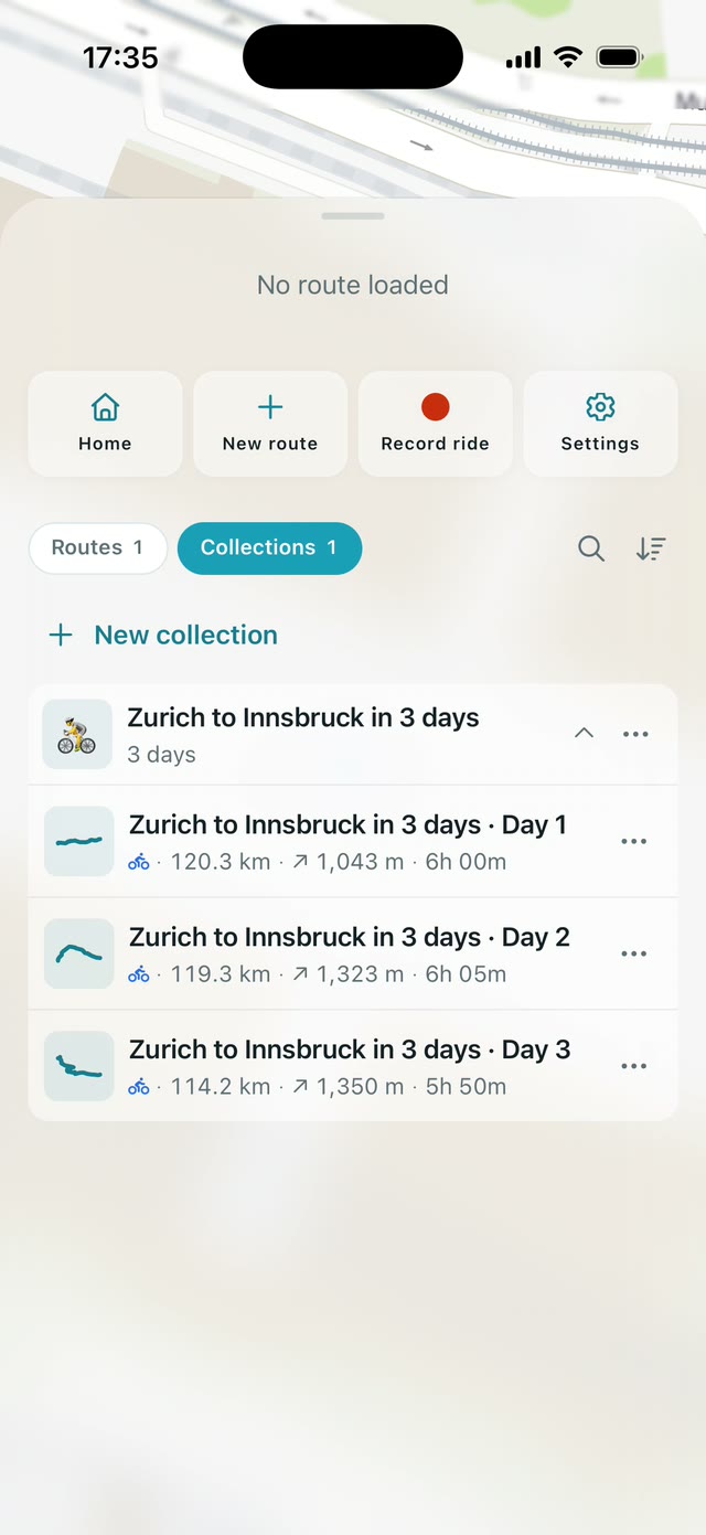 A saved trip in Route Companion's Collections, Zurich to Innsbruck in 3 days, open to show one route for each day