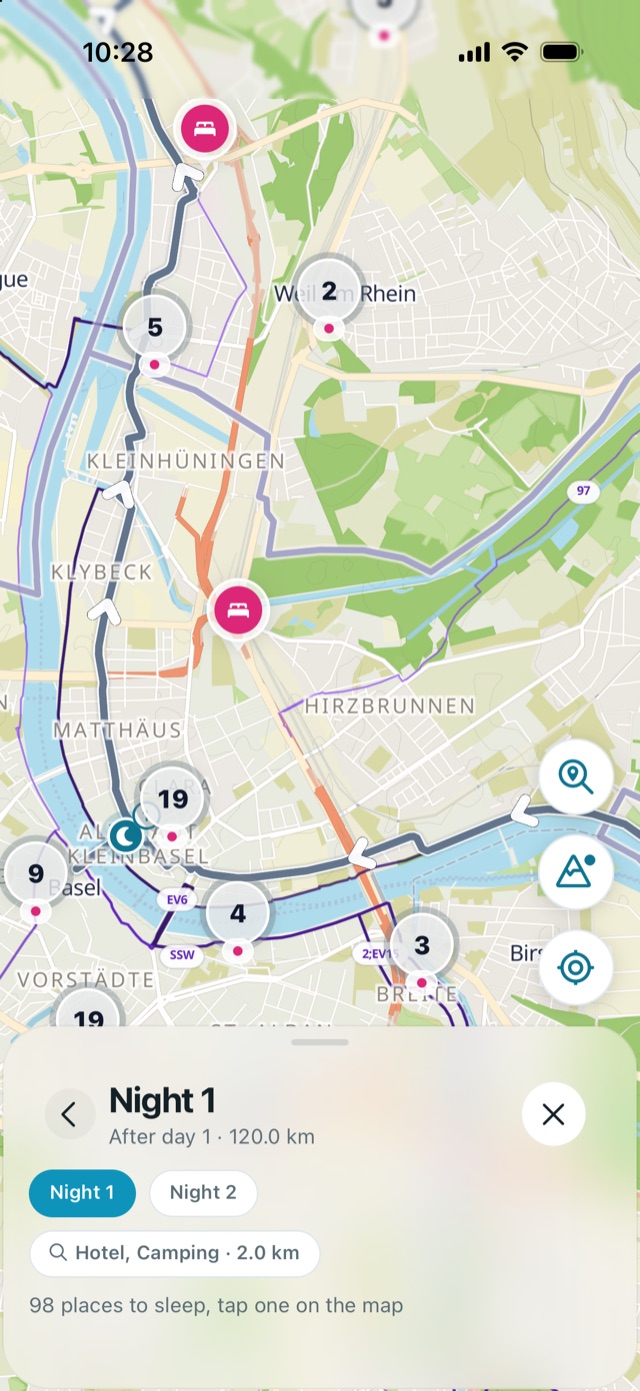 Night 1 in Route Companion: hotels and campsites on the map near the end of day 1 in Basel