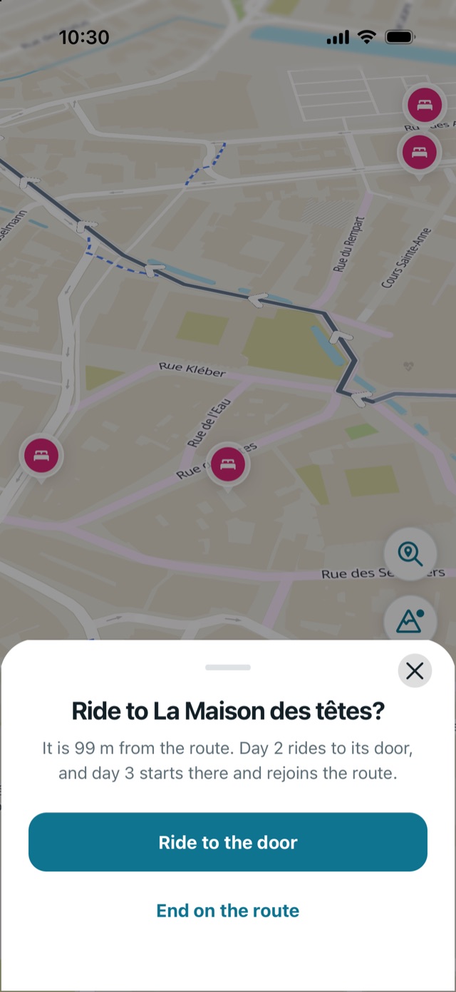 Route Companion asking whether day 2 rides to the door of a hotel 99 m from the route, with Ride to the door and End on the route