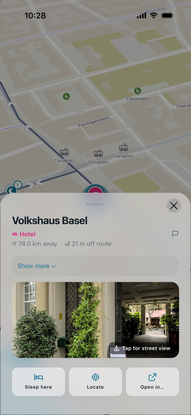 A hotel's details in Route Companion, 21 m off the route, with the Sleep here button