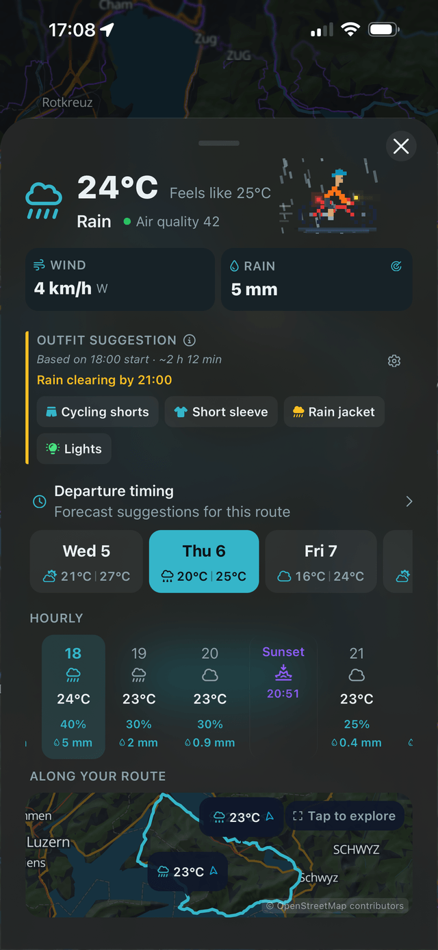 Route Companion showing rain timing, hourly precipitation, and a rain jacket suggestion along a cycling route