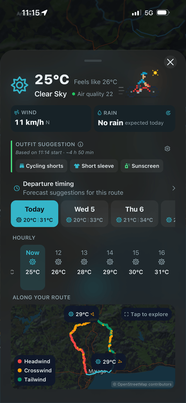 Route Companion showing headwind, crosswind, and tailwind sections along a hot cycling route