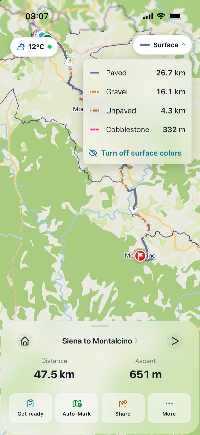 Route Companion map with the Surface key open for Siena to Montalcino: Paved 26.7 km, Gravel 16.1 km, Unpaved 4.3 km, Cobblestone 332 m