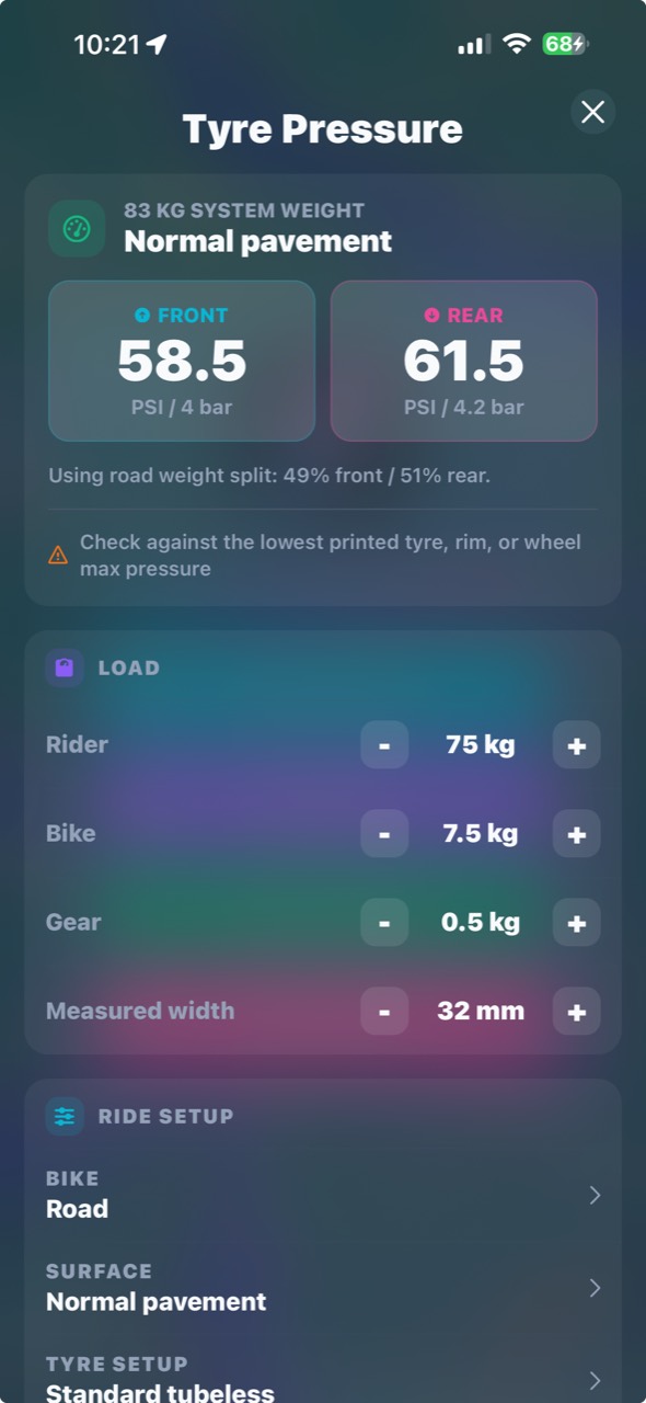 Route Companion tyre pressure calculator showing front and rear PSI