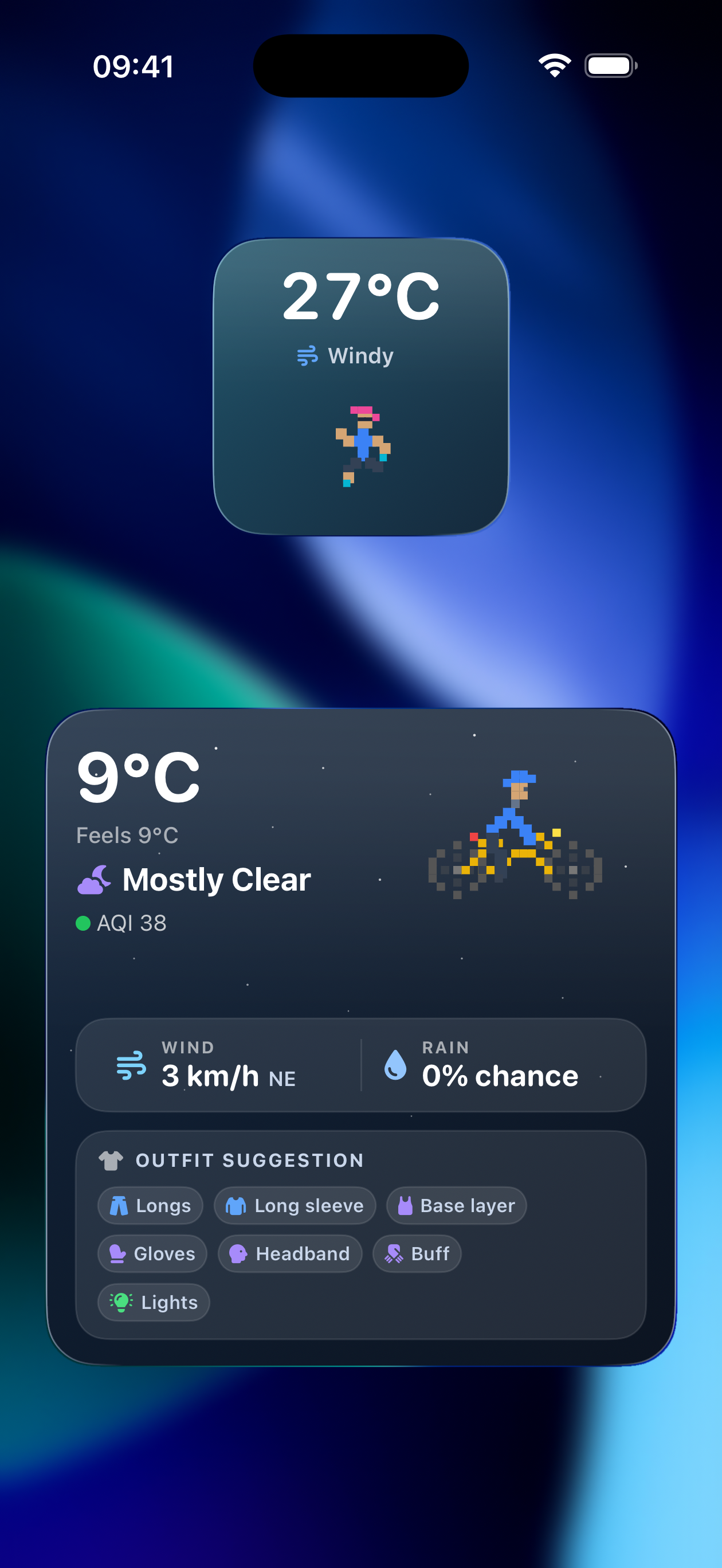 Route Companion home screen widget with weather and outfit suggestion